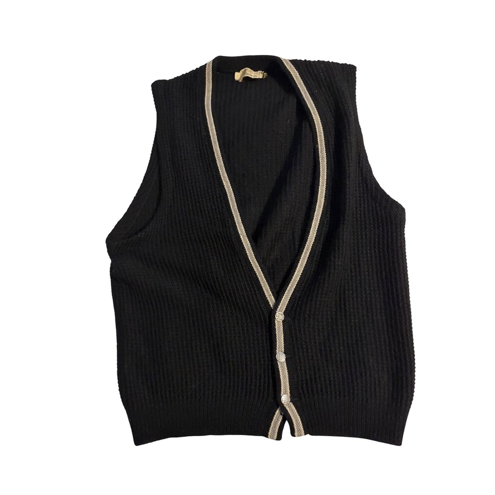 Lord Jeff Al Baskin Vintage Wool Cardigan Vest Black Cream Trim‎ Button Front M